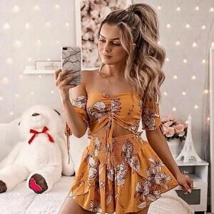Women Yellow Floral Print High Rise Off Shoulder Smocked 2-Piece Jumpsuit Size M
